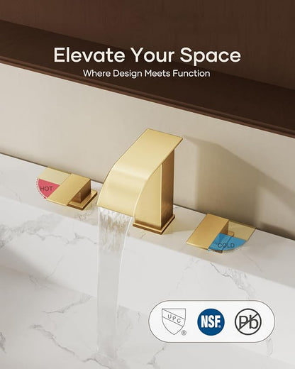 AVSIILE Waterfall Bathroom Faucet 3 Hole, Brushed Gold 8 Inch Widespread Modern 3 Piece Bathroom Sink Faucet, Touch On Lavatory Faucet for Vanity RV Restroom, Curved Spout