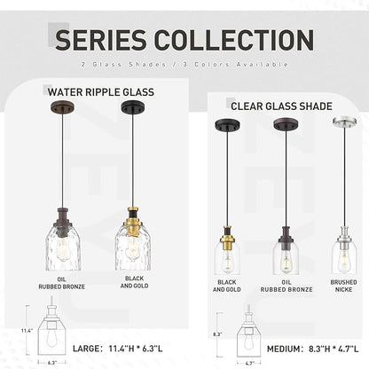 zeyu Glass Pendant Lights Kitchen Island, Kitchen Pendant Lighting Over Island with Water Ripple Glass, Modern Mini Hanging Light, Black and Gold Finish, ZG33M1L BK+BG-WG
