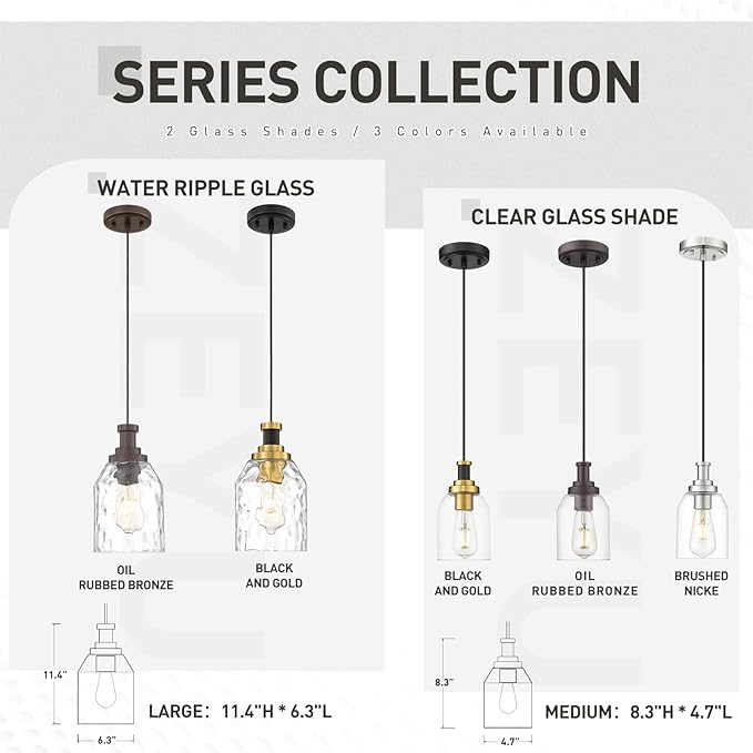 zeyu 2 Pack Farmhouse Hanging Pendant Lights Kitchen, Large Kitchen Pendant Lighting Over Island, Clear Glass Shade, Oil Rubbed Bronze Finish, ZG33M1L-2L ORB