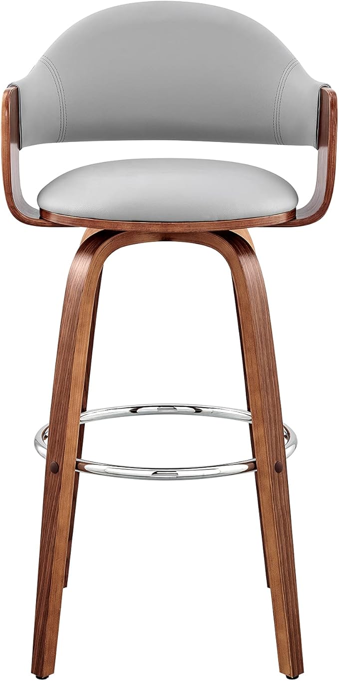 Armen Living Daxton Mid Century Modern Swivel Bar Stool for Kitchen Island Counter in Gray Faux Leather and Walnut Wood, 26" Seat Height