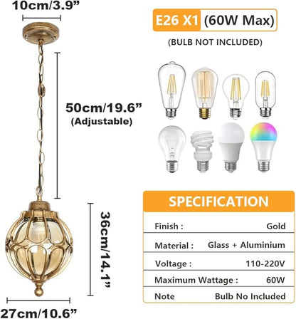 Outdoor Pendant Light Fixtures For Porch, Waterproof Exterior Lantern Glass Vintage Hanging Ceiling Light Retro Aluminum Outside Chandelier For Porch Patio Entryway Farmhouse (27cm/10.6",Gold)