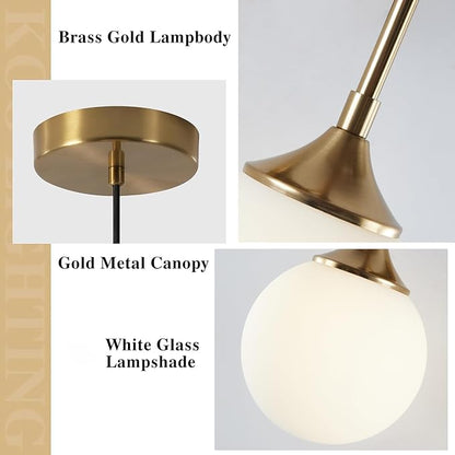 KCO Lighting 7” Small Milk Glass Pendant Light Gold Globe Kitchen Pendant Lights Vintage White Glass Hanging Light Fixture Mid Century Modern Dining Room Ceiling Light Fixture (2 Pack)