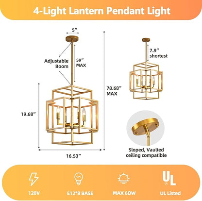 4-Light Gold Chandelier, Farmhouse Lantern Pendant Light Industrial Ceiling Foyer Lighting Fixtures, Modern Chandeliers for Dining Room, for Kitchen Island Staircase Hallway Entryway