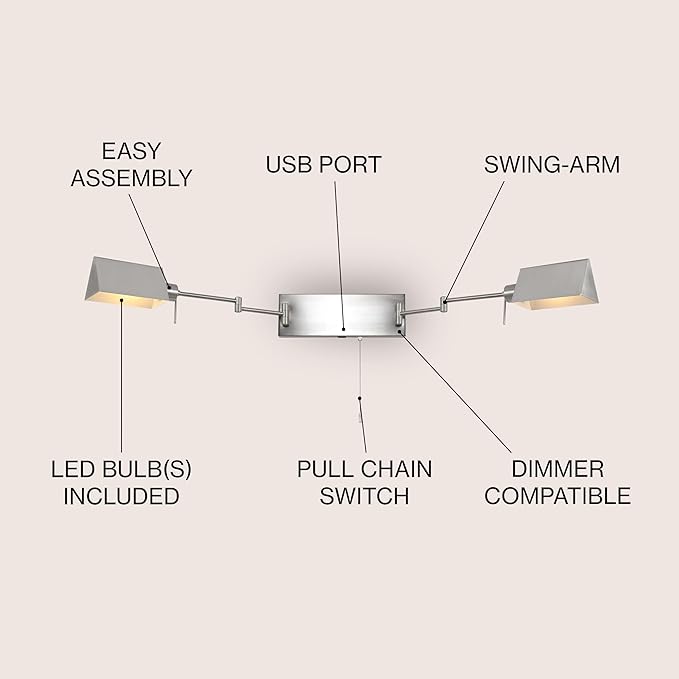 JONATHAN Y 54" Nickel 2-Light Double Swing Arm LED Wall Sconce, Industrial Farmhouse Iron Wall Lamp with Pull-Chain, USB, Metal Shades (JYL6016B)