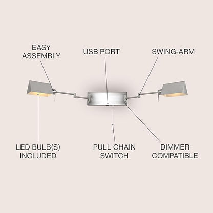 JONATHAN Y 54" Nickel 2-Light Double Swing Arm LED Wall Sconce, Industrial Farmhouse Iron Wall Lamp with Pull-Chain, USB, Metal Shades (JYL6016B)
