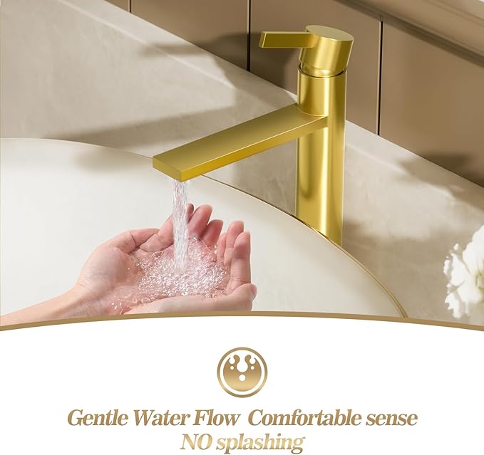 Phiestina 1 Hole Tall Bathroom Vessel Sink Faucet, Brushed Gold Single Hole Single Handle Vanity Faucet, with Pop Up Drain and Water Supply Line, FH02-BG-V