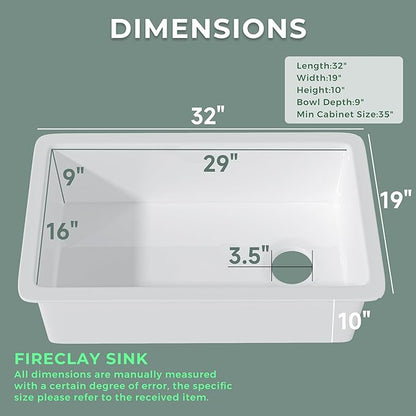 Offset Drain White Fireclay Undermount Kitchen Sink 32 Inch, Large Topmount White Undermount Sink 32''x19''x10'' Drop In, Deep Single Bowl Heavy Duty, Dual Mount, for Kitchen, Island