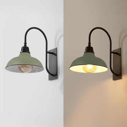 JONATHAN Y 12.25" Matte Olive Green/Black 1-Light Farmhouse Gooseneck Outdoor Wall Sconce Lamp, with Black Metal Bowl Shade, Industrial Iron LED Porch Light for Patio Garage Entryway (JYL7614I)
