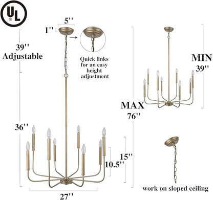 Antique Gold Chandelier, Modern Dining Room Lighting Fixture, 8-Light Candle Style Hanging Chandelier for Living Room, Bedroom, Kitchen Island, Foyer, Dia 27”