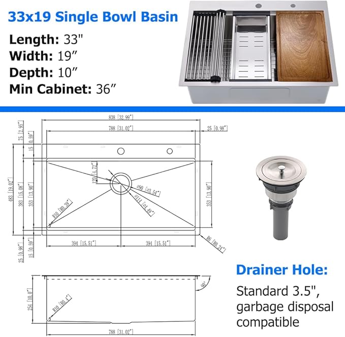 33x19 Drop In Kitchen Sink Workstation 16 Gauge Stainless Steel Single Bowl Kitchen Sink 33 Inch Topmount Over Counter Handmade 10 inch Deep Basin