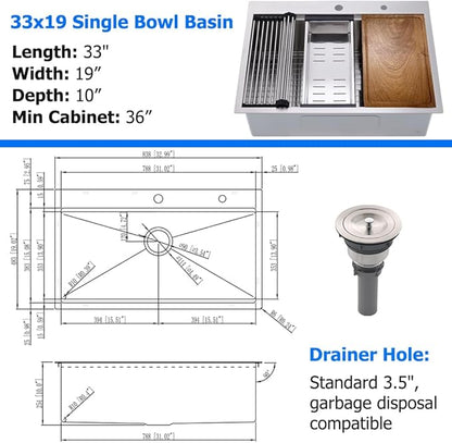 33x19 Drop In Kitchen Sink Workstation 16 Gauge Stainless Steel Single Bowl Kitchen Sink 33 Inch Topmount Over Counter Handmade 10 inch Deep Basin