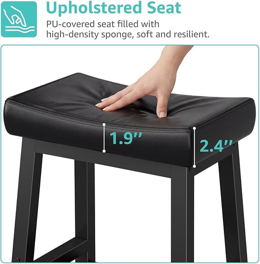 WINAZ Modern Backless Bar Stools Set of 2, 24 Inch Counter Height Stools with Footrest, Matte Finish Metal Legs, Padded Faux Leather Kitchen Island Chairs, Space Saving Stationary Design, Black