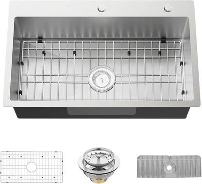 Stainless Steel Drop-In 30x18 Inch Modern Single Bowl Topmount Kitchen Sink Combo - SS Grid, Silicon Mat, Drain Strainer Set - Compatible With Various Kitchen & Bar Styles