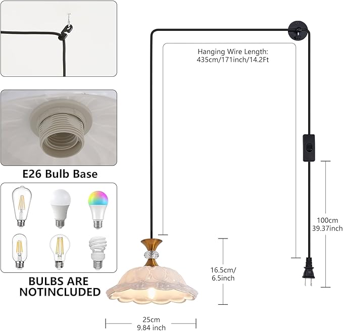 Plug in Gold Pendant Light Plugin Kitchen White Glass Pendant Lighting Fixtures with Cord Switch Vintage Hanging Lamp for Island Dining Table Bedroom Living Room
