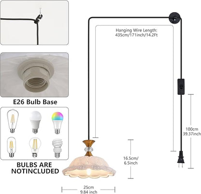 Plug in Gold Pendant Light Plugin Kitchen White Glass Pendant Lighting Fixtures with Cord Switch Vintage Hanging Lamp for Island Dining Table Bedroom Living Room