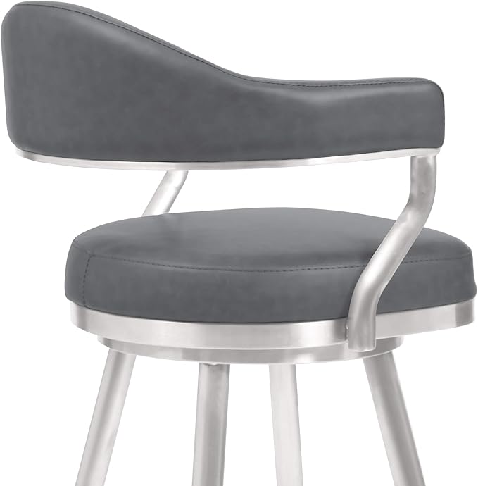 Armen Living Justin Modern Farmhouse 30" Seat Height Swivel Vintage Gray Faux Leather Bar Stool with Brushed Stainless Steel Legs for Kitchen Island Counter
