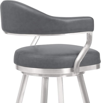 Armen Living Justin Modern Farmhouse 30" Seat Height Swivel Vintage Gray Faux Leather Bar Stool with Brushed Stainless Steel Legs for Kitchen Island Counter