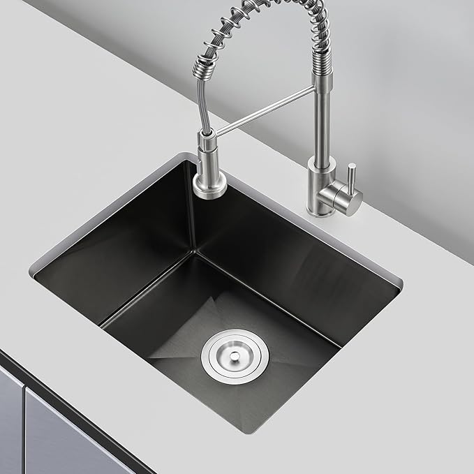 POPFLY 24-Inch Undermount Kitchen Sink, 18 Gauge SUS304 Stainless Steel Handmade 24 x 18 Inches Under Mount Single Bowl 9“ Deep PVD Bar Sinks, Black