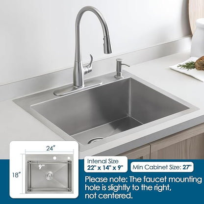 ROVOGO 24 inch Kitchen Sink Drop in 304 Stainless Steel, 24"x18" Single Bowl Top Mount, 9" Deep Sink with 2-Hole, Drain Assembly Included, Brushed