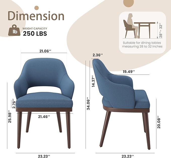 MALOL Wooden Dining Chairs Set of 2, Modern Fabric Upholstered Dining Room Chair, Kitchen Side Chairs, Farmhouse Dinner Chair with Open Back for Kitchen, Blue
