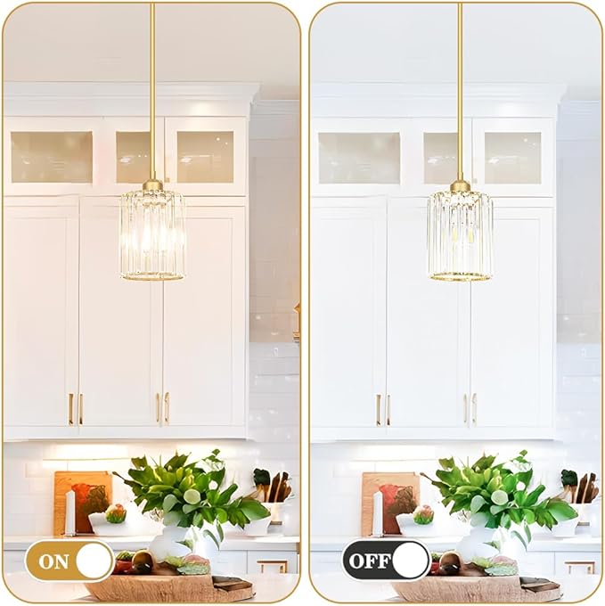 Lxybcce Gold Kitchen Pendant Lights Over Island with Adjustable Rods - Crystal Pendant Lighting Fixtures for Sloped Ceiling, Ideal Over Dining Table or Bar, E26 Bulb Compatible, No Electrician Needed