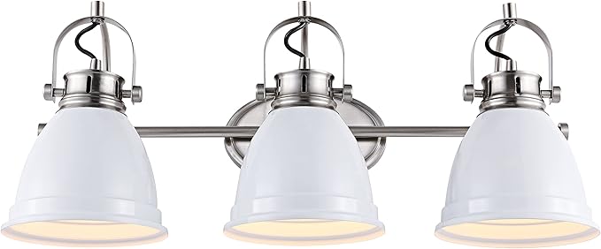 JONATHAN Y 25.5" White/Nickel 3-Light LED Vanity Light, Adjustable Wall Sconce for Bathroom Mirror, Farmhouse Bohemian Kitchen Light, Iron Black Bell Shade (JYL1116B)