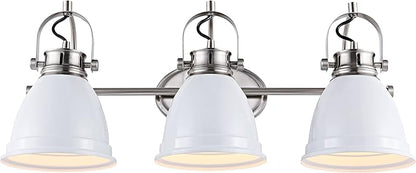 JONATHAN Y 25.5" White/Nickel 3-Light LED Vanity Light, Adjustable Wall Sconce for Bathroom Mirror, Farmhouse Bohemian Kitchen Light, Iron Black Bell Shade (JYL1116B)