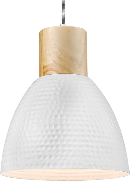 ELYONA 10.2” Hammered Pendant Light Fixtures, Metal & Rubber Wood Island Hanging Lamp, Adjustable Height, Modern Pendant Lighting for Kitchen,Farmhouse Bar,Dining Room,Bedroom, Nordic White