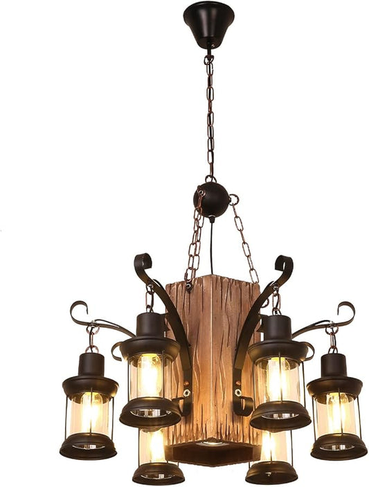 6-Light Wood Hanging Lamp, Industrial Farmhouse Island Chandelier with Black Metal Lampshade & Adjustable Cord, Retro Loft Chandelier Dinning Table Pendant Lamp Fixtures for Bar Home Hotel Hallway