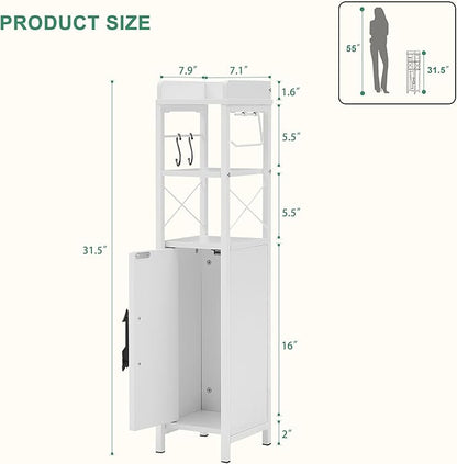 VECELO Small Bathroom Storage Cabinet with Shelves & Metal Racks, Slim Toilet Paper Holder, Bathroom Organizer Cabinet for Narrow Spaces, White, Farmhouse Style