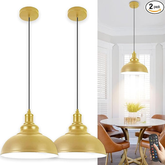 Battery Operated Pendant Lights, 2 Pack Rechargeable Pendant Light with Remote, Gold Pendant Light Fixtures for Kitchen island, Modern Industrial hanging Lights for Dining Room Hallway Bedroom