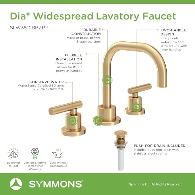 Symmons Dia Widespread Two-Handle Bathroom Faucet with Push Pop Drain Assembly in Brushed Bronze (1.0 GPM), Large