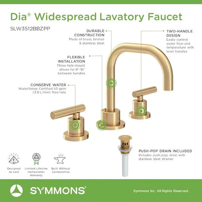 Symmons Dia Widespread Two-Handle Bathroom Faucet with Push Pop Drain Assembly in Brushed Bronze (1.0 GPM), Large