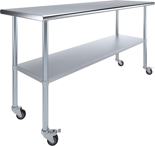 Stainless Steel Work Table with Wheels | NSF Kitchen Island Food Prep | Laundry Garage Utility Bench (Table + Wheels, 72" Long x 24" Deep)