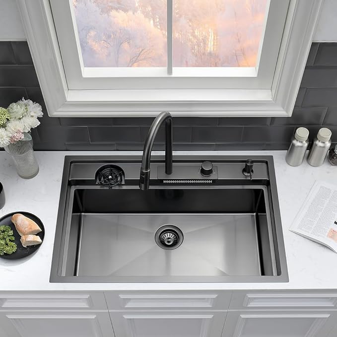 33 Black Drop In Waterfall Kitchen Sink Workstation-VASOYO 33x22 Black Stainless Steel Waterfall Kitchen Sink with Facuet and Cup Washer 16 Gauge Multifunctional Deep Single Bowl Topmount Smart Sinks