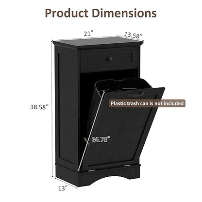 13 Gallons Tilt Out Trash Cabinet Freestanding Kitchen Trash Bin Cabinet Wood Garbage Recycling Cabinet with Hideaway Drawer Pet Proof Trash Can Holder for Kitchen Living Room, Dark Black