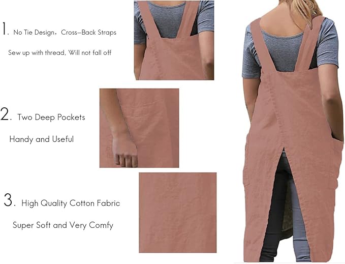 Larmliss Women's Pinafore Square Apron Baking Cooking Gardening Works Cross Back Cotton/Linen Blend Dress with 2 Pockets
