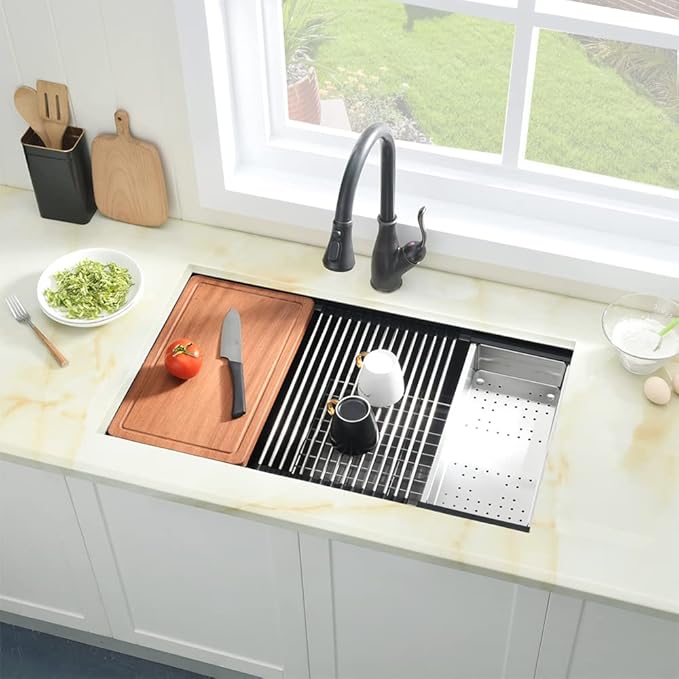 33 Black Undermount Kitchen Sink, 33x19 Stainless Steel Workstation Kitchen Sink with Offset Drain 16 Gauge Single Bowl Deep Basin