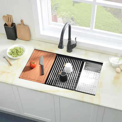 33 Black Undermount Kitchen Sink, 33x19 Stainless Steel Workstation Kitchen Sink with Offset Drain 16 Gauge Single Bowl Deep Basin