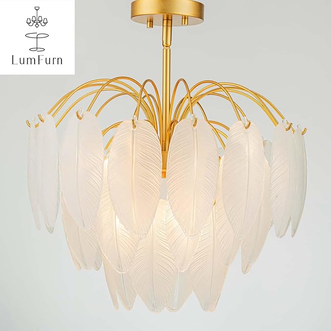 LumFurn 6-Light Gold Chandeliers, Modern 3-Tier Pendant Light Fixture for Dining Room, Living Room, Adjustable Height 19~51", Frosted Feather-Shaped Glass Shade & Brass Finish Frame