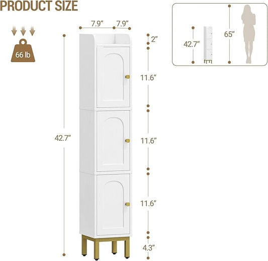 Hzuaneri Slim Bathroom Storage Cabinet, Narrow Bathroom Organizers and Storage with 4 Adjustable Feet, Laundry Room Organization for Small Space, Kitchen, Living Room, 3 Doors White BC22313G