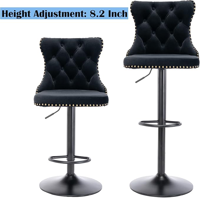 Rhomtree Velvet Swivel Bar Stools Upholstered Bar Stool with Button Tufted Back and Pull Ring Height Adjustable Barstools 25-33 Inch for Home Pub and Kitchen Island (Black with Black Bas, Set of 8)