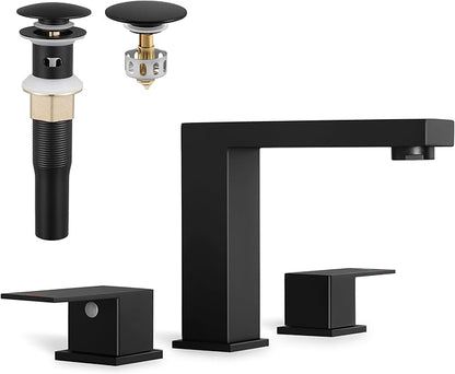 KES All Metal Black Bathroom Faucets with Pop Up Sink Drain with Overflow, 8 Inch Widespread Bathroom Faucet 3 Hole Vanity, SUS 304 Stainless Steel Matte Black, L4350LFF12-BK-C1