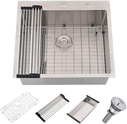 25 Inch Drop in Kitchen Sink-Wesliv 25x20 Stainless Steel Kitchen Sink Drop In Topmount 16 Gauge 10 Inch Deep Single Bowl Sinks with Dish Grid & Strainer