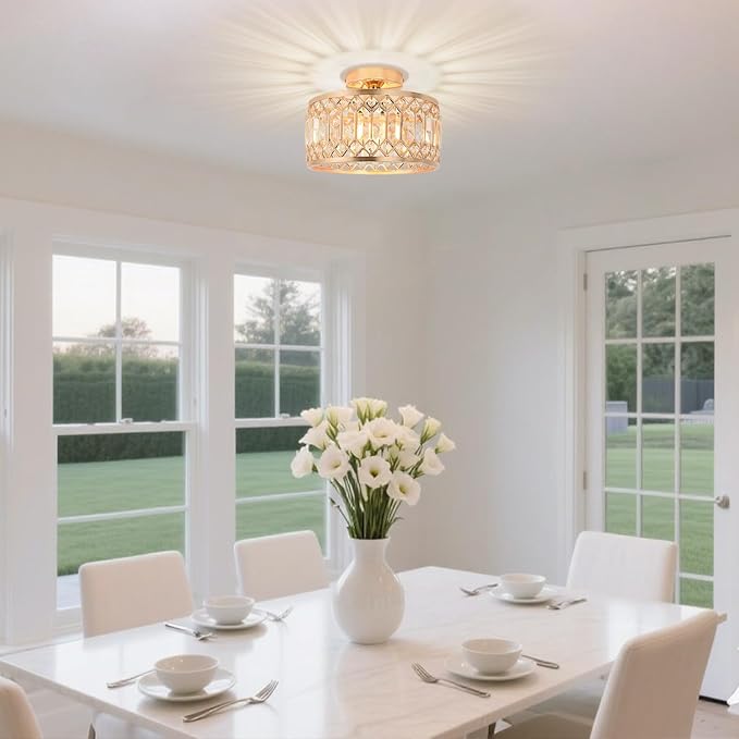 ANWIO Crystal Gold Ceiling Light Fixture, Modern Semi Flush Mount Ceiling Light, Crystal Chandelier for Kitchen Bedroom Bathroom Entryway, 10.63inch