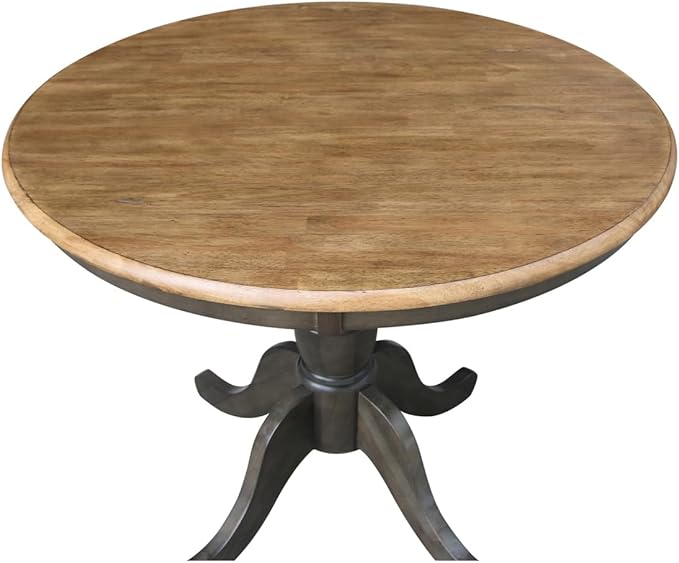 HomeStock Medieval Majesty 36-in Round Top Pedestal Table - Counter Height, Dual-Toned Hickory/Stone Finish, Parawood, Butcher Block Top, Ideal for Kitchen Islands