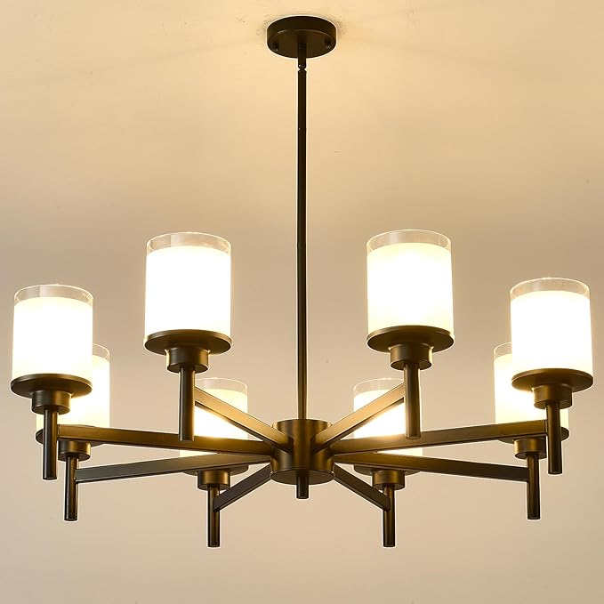 8-Light Farmhouse Chandelier for Dining Room Kitchen Island,Black Modern Pendant Lighting with White Frosted Glass Shades,Industrial Metal Hanging Ceiling Light Fixture for Bedroom Hallway