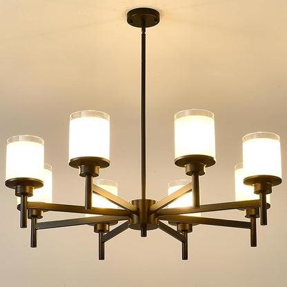 8-Light Farmhouse Chandelier for Dining Room Kitchen Island,Black Modern Pendant Lighting with White Frosted Glass Shades,Industrial Metal Hanging Ceiling Light Fixture for Bedroom Hallway