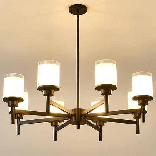 8-Light Farmhouse Chandelier for Dining Room Kitchen Island,Black Modern Pendant Lighting with White Frosted Glass Shades,Industrial Metal Hanging Ceiling Light Fixture for Bedroom Hallway