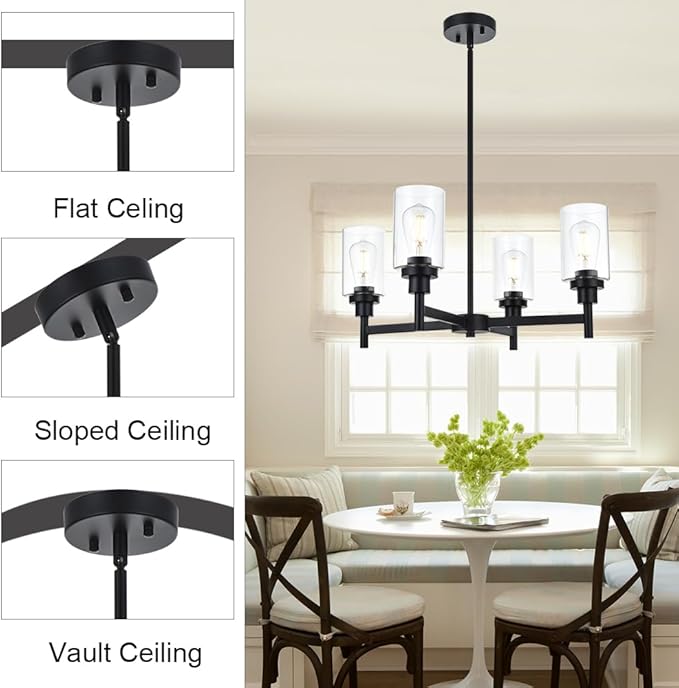 VINLUZ 4 Light Glass Farmhouse Chandelier Black Kitchen Lighting Fixture Hanging with Cylinder Clear Glass Pendant Light for Dining Room Bedroom